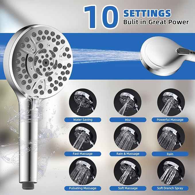 All Metal Shower Head, 10" High Pressure Rainfall/Handheld Shower Combo with 11" Extension Arm, 10-Spray Handheld Showerhead, 71" Long Hose, 3-Way Diverter Valve, Chrome