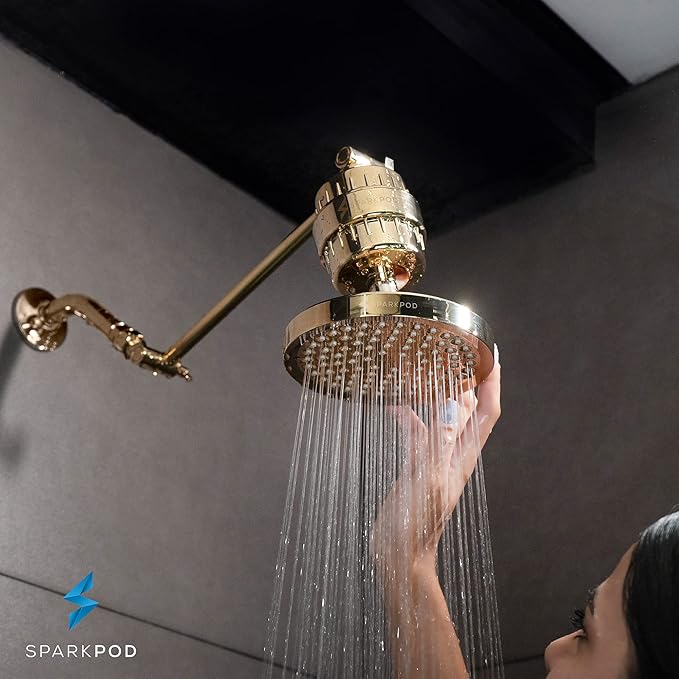 SparkPod Shower Head - High Pressure Rain - Premium Quality Luxury Design - 1-Min Install - Easy Clean Adjustable Replacement for Your Bathroom Shower Heads (Egyptian Gold, 6 Inch Round) - AquaVibe