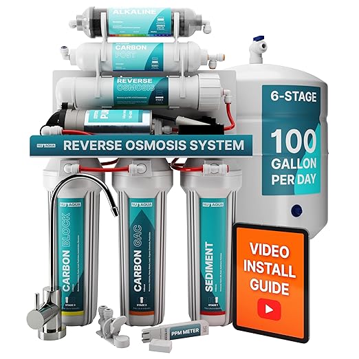 NU Aqua 6-Stage Alkaline Under Sink Reverse Osmosis Water Filter System - Booster Pump - 100 GPD RO Filtration w/Faucet & Tank - Remineralization - 100GPD Undersink - Home & Kitchen Drinking Purifier