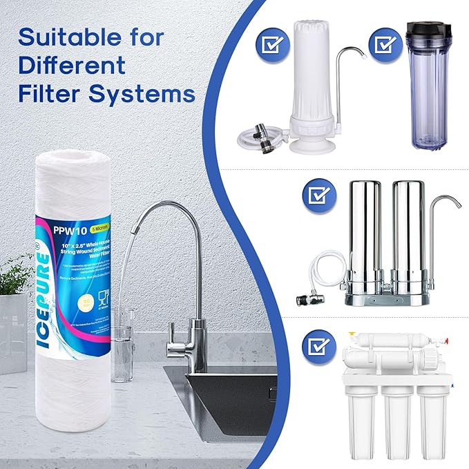 ICEPURE 10" x 2.5" Whole House String Wound Sediment Water Filter for Well Water, 5 Micron Water Cartridge Replacement for Any 10 inch RO Unit, Aqua-Pure AP110, WP-5, CFS110, WFPFC4002, CW-MF, 3 PACK