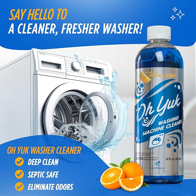 Oh Yuk Washing Machine Cleaner For All Washers (Top Load, Front Load, HE and Non-HE), Natural Citrus Fragrance, Four Cleanings Per Bottle, Septic Safe, 16 Fl Oz - AquaVibe