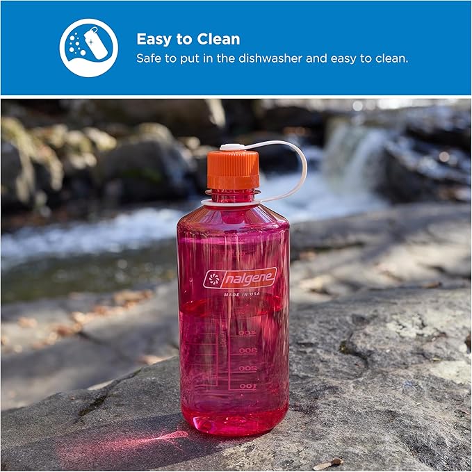 Nalgene 32 oz Narrow Mouth Water Bottle | BPA-Free, Durable & Leak Proof, Lightweight for Gym & Office – Thrill & Motion, Fuschia Purple w/Flame