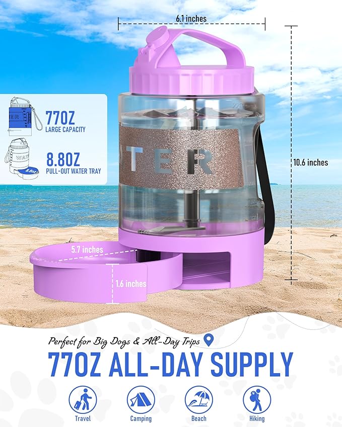 77oz Dog Travel Water Bottle, Large Portable Dog Water Bowl Dispenser, Leakproof Pet Drinking Bottle Dispenser for Hiking Camping Walking Travelling Beach Car Trips, No Spill, BPA Free,Purple - AquaVibe