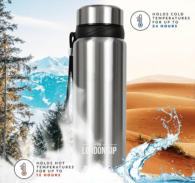 The London Sip 25 oz Multi-Function Travel Mug and Tumbler Tea Infuser Water Bottle Fruit Infused Flask Hot and Cold Double Wall Stainless Steel Coffee Thermos, Cosmic Silver, Pack of 2