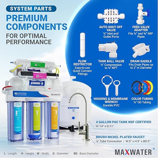 Max Water 11 Stage 50 GPD (Gallon Per Day) RO (Reverse Osmosis) + U - V & pH Alkaline (5 in 1) Under Sink Water Filter System for Drinking