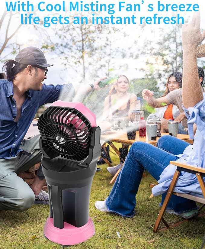 AVV Portable Misting Fan with RGB Ambient Light- 2L Water Tank, 4 Speeds & Spray Mist Fan, 30000mAh Rechargeable Misting Fans for Outdoor/Indoor Fans for Camping, Patio, Garden, Black-Pink