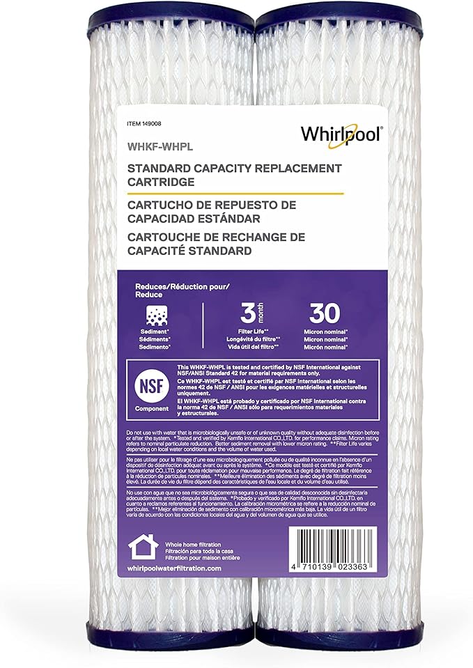 Whirlpool 2.5"x10" Sediment Water Filter Replacement Cartridge WHKF_WHPL, NSF Certified 30-Micron Rating Protects Home Appliances, Fits Whole House Filtration Housings WHKF-DWHV and WHKF-DWH, 2-Pack
