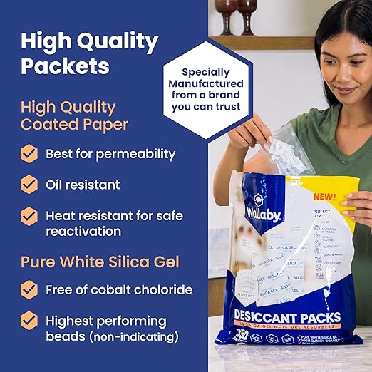 Wallaby 2 gram (500 Packets) Food Safe Pure White Silica Gel Desiccant Dehumidifier Packs - Rechargeable & Coated Moisture Absorbers - Protects Against Moisture Damage - (Packed in 100x Sets of 5)