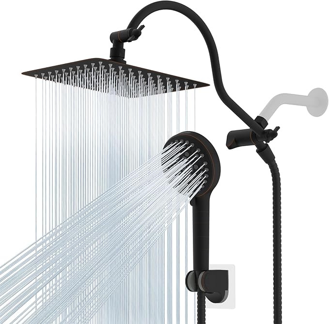 Hibbent All Metal Shower Head, 10'' High Pressure Rainfall Shower Head/Handheld Showerhead Combo with 12'' Adjustable Curved Shower Extension Arm, 10-Spray, 71'' Hose, Shower Holder, Oil Rubbed Bronze