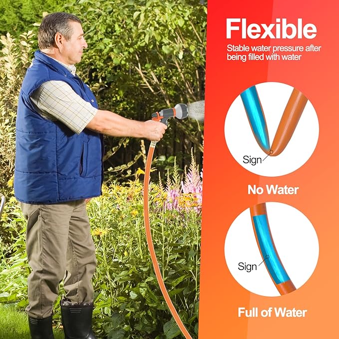 Garden Water Hose 25 ft x 3/4 in Heavy Duty, Flexible and Lightweight, Burst 600 psi, Kink-less Hybrid Rubber Pipe for Backyard, 3/4'' Brass Fittings, Orange