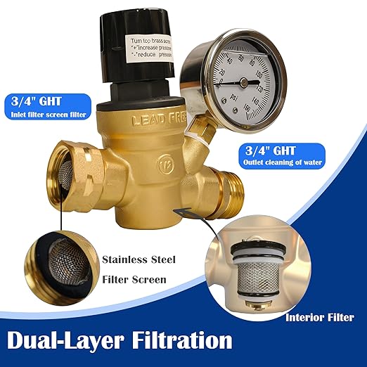 Hourleey RV Water Pressure Regulator, Adjustable Handle Brass Water Pressure Regulator, Water Pressure Reducer with Gauge and Inlet Screened Filter for RV Camper Travel Trailer