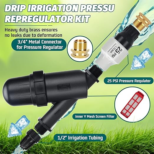 Drip Irrigation Pressure Regulator Kit,25 PSI Pressure Reducer,Inline Drip Irrigation Filter,1/2" Tubing Connector,Garden Hose Irrigation System Components (2 Set)