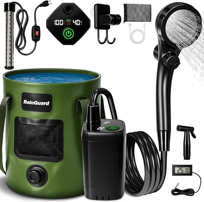 Portable Shower for Camping, 6000mAh Rechargeable Camp Shower Pump with Large Capacity Foldable Bucket, Filtered Shower Head, Outdoor Camp Shower Pump for Hiking, RV, Traveling, Car Washing, Pet Bath