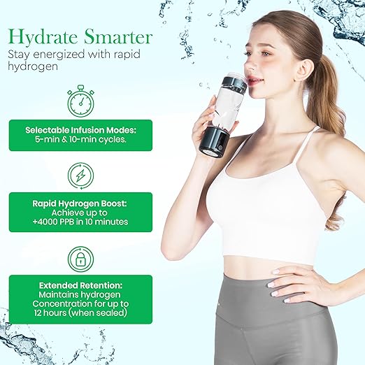 Wellness Frequency Hydrogen Bottle - Up to 4000+ PPB with UV Light Cleaning Technology and Wireless Charging Pad - Electric Water Bottle - Featuring 10 OZ Portable Capacity - SPE PEM Tech