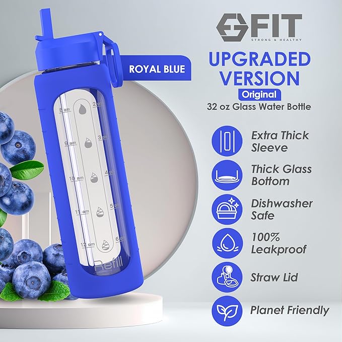 FIT Strong & Healthy 32 oz Glass Water Bottle with Straw Lid, Time Marker, Sleeve & Extra Lid - Motivational, Wide Mouth 1 Liter Glass Drinking Bottle