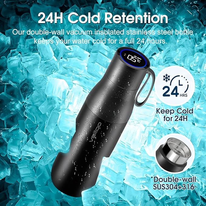 VSITOO 15oz Smart Self Cleaning Water Bottle，Insulated Water Bottle with Stainless Steel, BPA-Free, AI Self-Clean, 30-Day Battery, Magnetic Charging for Travel, Gym or Office, Black