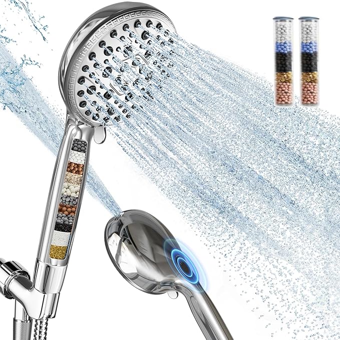 Filtered Shower Head with Handheld,7 Spray Settings High Pressure Showerhead Built in Power Wash to Clean Tub, Tile & Pet, Showerhead with Filters for Hard Water - Remove Chlorine, (Chrome) - AquaVibe