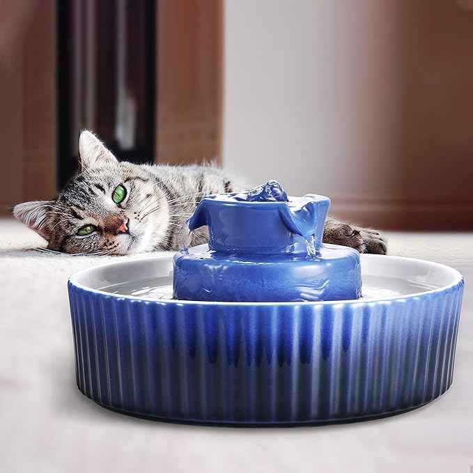 Ceramic Cat Water Fountain, 2.1L/71oz Cupcake Cat Fountain for Dog and Cat Indoor, 2 Ultra Quiet Pumps(Royal Blue)
