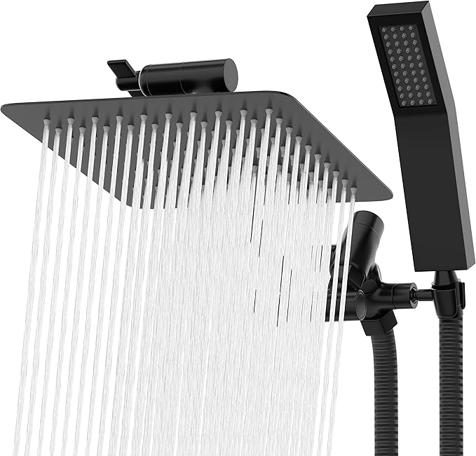 All Metal Shower Head 8" Dual Square Shower Head With Handheld Wand 71in Hose Set, High Pressure Rain Shower Heads Combo, 3-Way Diverter Rainfall Showerhead with Adjustable Extension Arm