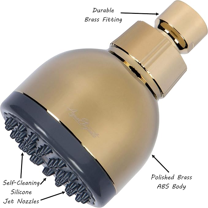 Aqua Elegante Low Water Pressure Shower Heads - Best High Pressure Boosting Wall Mount Showerhead - Indoor And Outdoor Modern Bath Spa Head, 2.5 GPM - Polished Brass - AquaVibe