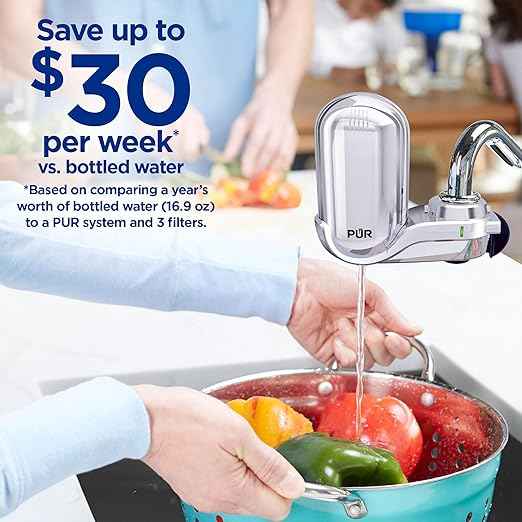 PUR PLUS Vertical Faucet Mount Water Filtration System, Lead-Reducing Filter, Great-Tasting Water, Easy Install, Lasts 100 Gallons, Compatible with Sinks with External Aerators, Chrome