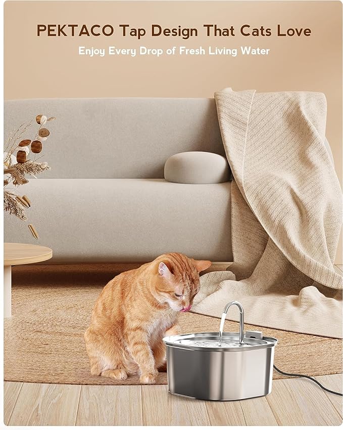 PEKTACO Cat Water Fountain, 3.2L/108oz Stainless Steel Pet Water Fountain for Cats/Dogs Indoor, Dog Drinking Dispenser Metal Kitty Spout with 3 Filters+ 3 Sponges
