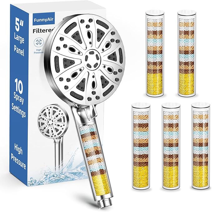 Filtered Shower Head with Handheld, FunnyAir 10-Spray Modes 5" High Pressure Shower Heads, 5-PCS Filters Filtered Shower Head with Handheld, 2 Built-in Power Jets Shower Heads, Chrome