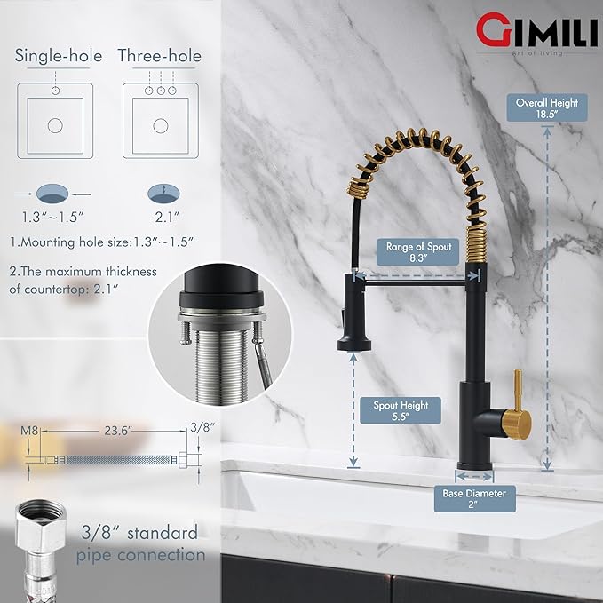 GIMILI Black and Gold Kitchen Faucet with Pull Down Sprayer Single Hole Stainless Steel Sink Faucet, Suitable for Farmhouses, RV, Laundry Room, Outdoor, and Campers. Llave para fregadero de cocina