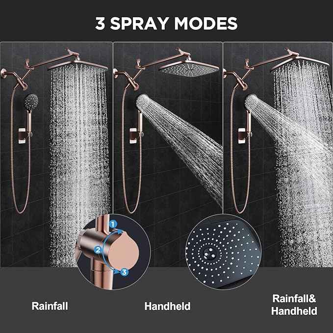 Veken 11.8" Rain Shower Head with Handheld, High Pressure Handheld Shower with Multi Spray Modes, Rainfall Combo with Metal Extension Arm, Detachable Dual Showerhead, Bathroom Decor, Rose Gold
