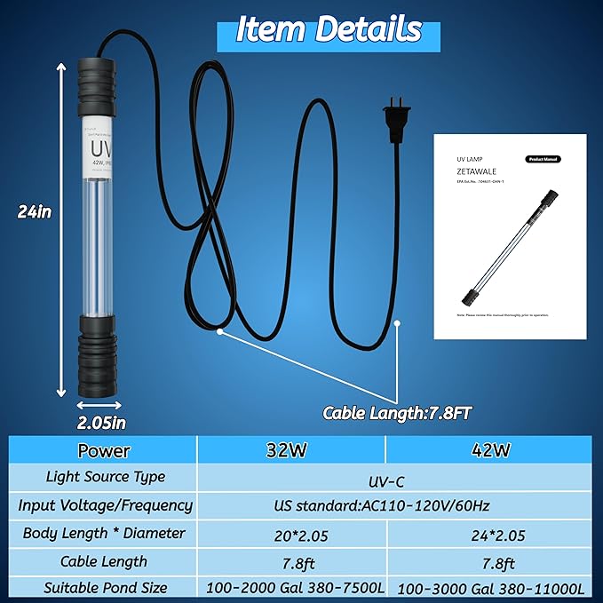 Pond UV Light for Fish Tank UV Pond Water Clarifier for 100-3000 Gallon UV Pond Filter for Koi Pond Swimming Pool, Spa, Large Fish Tank UV Light Aquarium for Outdoor Pond Algae Control（42W）