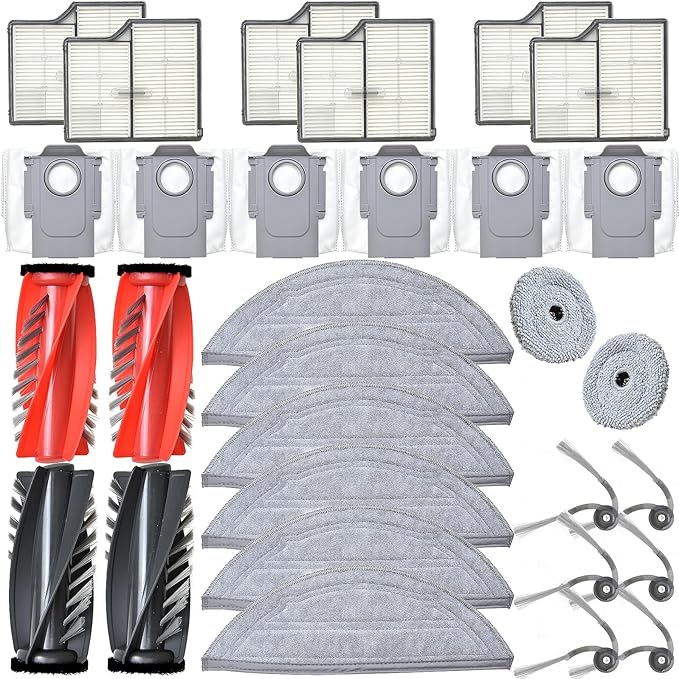 Accessories Replacement Parts Compatible with Roborock Saros 10 Robot Vacuum Cleaner, 4 Rubber Main Brush, 2 Edge-Hugging mop pad，6 Filters, 6 Dust Bags, 6 Mop Pads, 6 Side Brushes - AquaVibe