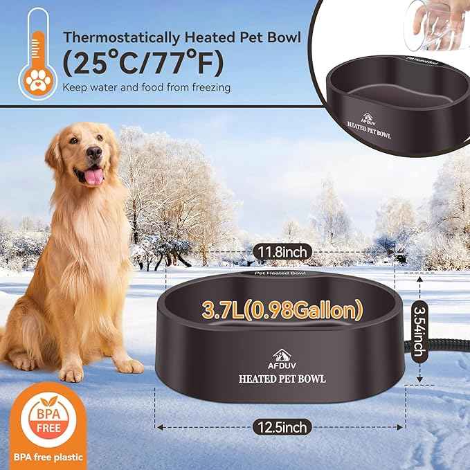 Heated Water Bowl for Dogs Cats Outdoor, 3.7L Thermostatic Heated Pet Bowl for Outside Dog Cat Chickens Duck Birds Waterer in Winter, Automatic Heated Dog Bowl Outdoor with Anti Chew Cord