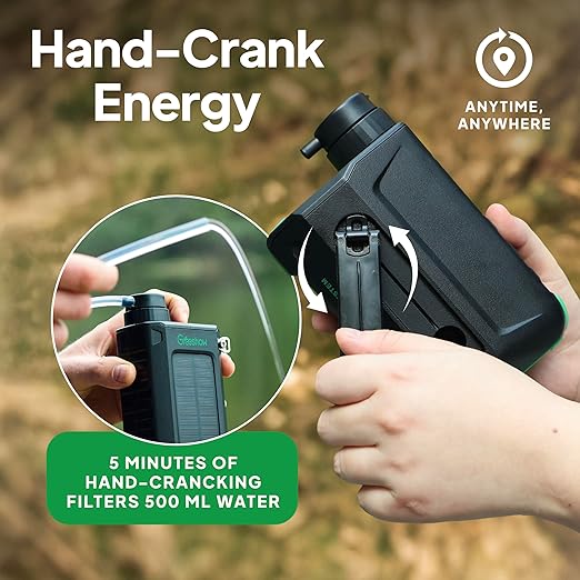 Greeshow Electric Water Filter, 0.01 Micron Survival Filtration System with Solar, Hand Crank Charger & LED Flashlight | Portable Pump for Camping Gear, Hiking & Emergency Kits