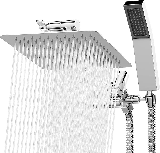All Metal Shower Head 10" Dual Square Shower Head With Handheld Wand 71in Hose Set, High Pressure Rain Shower Heads Combo, 3-Way Diverter Rainfall Showerhead with Adjustable Extension Arm