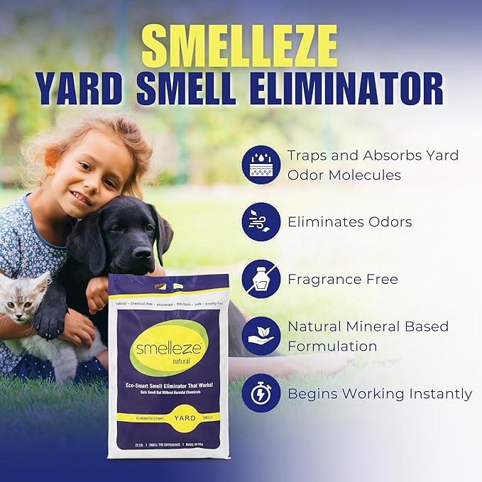 SMELLEZE 25 lb. Yard Odor Eliminator for Dogs – Long-Lasting Turf Cleaner for Pet Urine Outdoor & Poop | Safe for People, Pets, Plants & Planet | Works on Grass, Gravel, Patios & Kennels