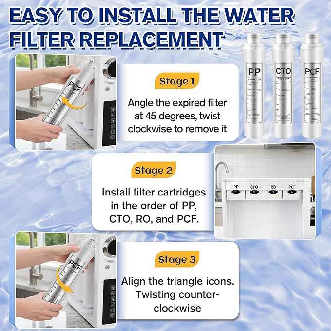 3 Pack Water Filter Replacement Compatible with Bluevua RO100ROPOT, Water Filters Set, 1 PP, 1 CTO, 1 PCF, Improved Drink Quality, Easy to Replace for Household Daily Use Drinking