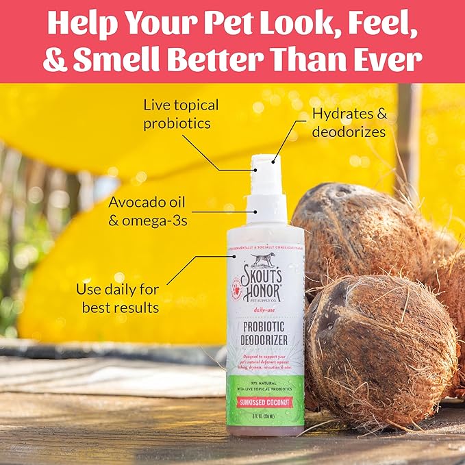 SKOUT'S HONOR Probiotic Pet Deodorizer Spray- Hydrating Daily-Use with Avocado Oil & Omega-3s, Microbiome Friendly Certiified, Paraben & Sulfate-Free, 97% Natural, 8oz, Sunkissed Coconut - AquaVibe