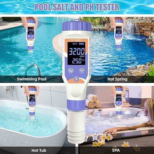 7-in-1 Digital Pool Water Tester–Chlorine, pH, Salt, ORP, EC, TDS&Temp Meter for Saltwater Pools,Hot Tubs,Spas, Aquariums&Hydroponics|Complete Digital Pool Chemical Tester for Safe & Healthy Swimming