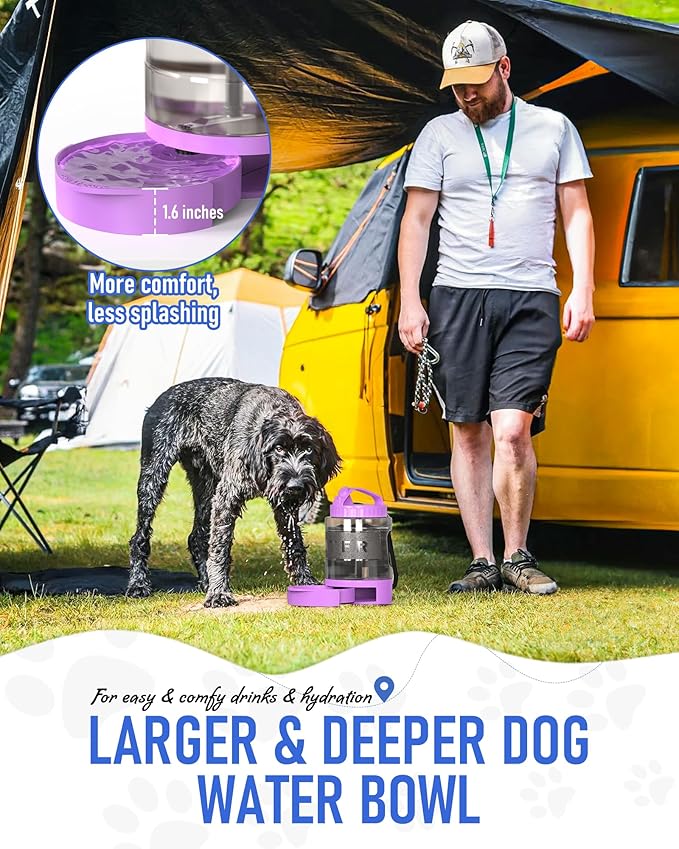 77oz Dog Travel Water Bottle, Large Portable Dog Water Bowl Dispenser, Leakproof Pet Drinking Bottle Dispenser for Hiking Camping Walking Travelling Beach Car Trips, No Spill, BPA Free,Purple - AquaVibe
