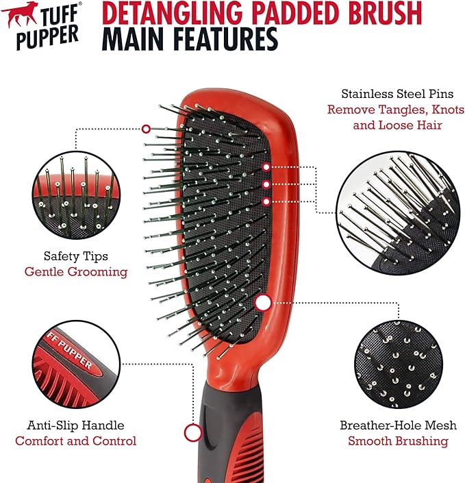 Tuff Pupper Stainless Steel Pin Brush for Long or Short Hair Pets - Detangling & Dematting Undercoat Brush for Dogs, Cats, and All Pets - AquaVibe