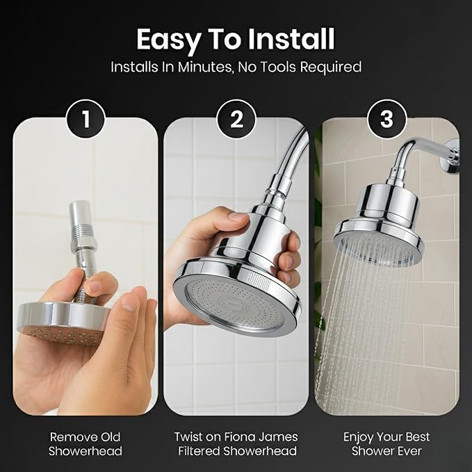 Fiona James Filtered Shower Head – High Pressure Shower Filter for Hard Water, Chlorine Removing, 20-Stage Filtration for Healthy Hair & Skin (Chrome)