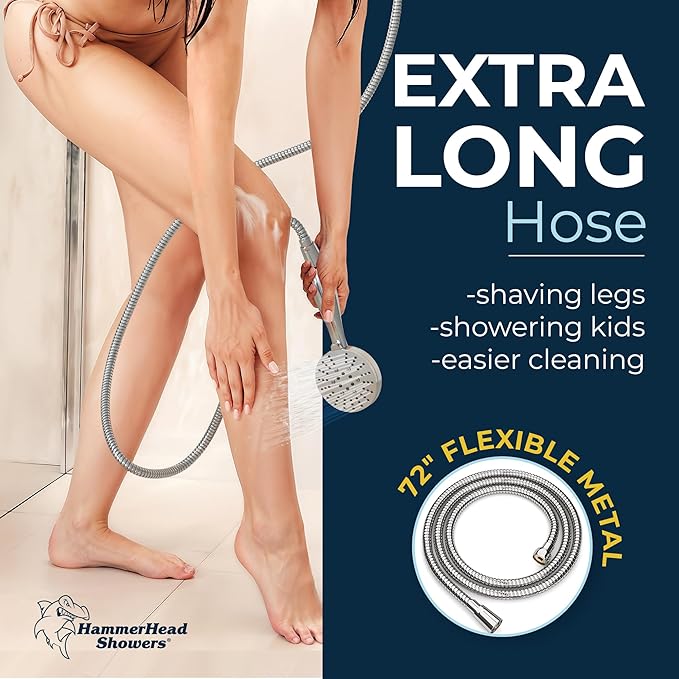 HammerHead Showers® Solid Metal 3-Spray Handheld Shower Head with Long Hose and Holder - CHROME - 2.5 GPM High Pressure Shower Head with Handheld Sprayer - WIDE, MASSAGE, and MIST Sprays