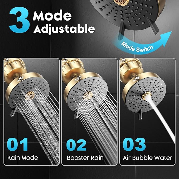 Filtered Shower Head COMBO – for Healthier Skin & Hair | 3 Mode High Pressure Shower Heads with 25-Stage Filtration | Removes 99.947% Chlorine & Heavy Metals | Shower Head ith Filters Set- Golden