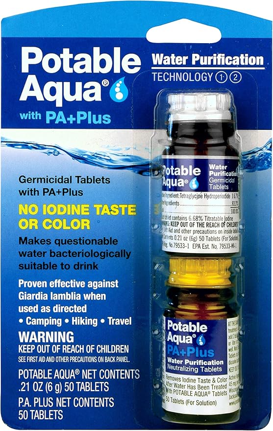 Potable Aqua Water Purification Tablets with Mountain House Classic Spaghetti with Meat Sauce Freeze Dried Backpacking Food 2 Servings