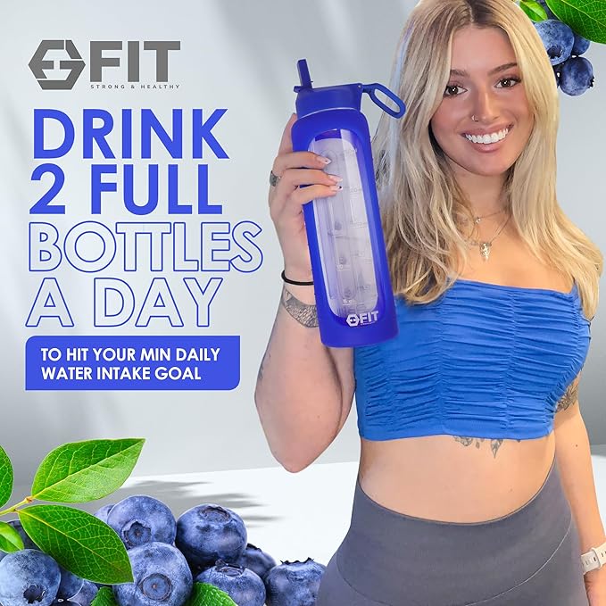FIT Strong & Healthy 32 oz Glass Water Bottle with Straw Lid, Time Marker, Sleeve & Extra Lid - Motivational, Wide Mouth 1 Liter Glass Drinking Bottle