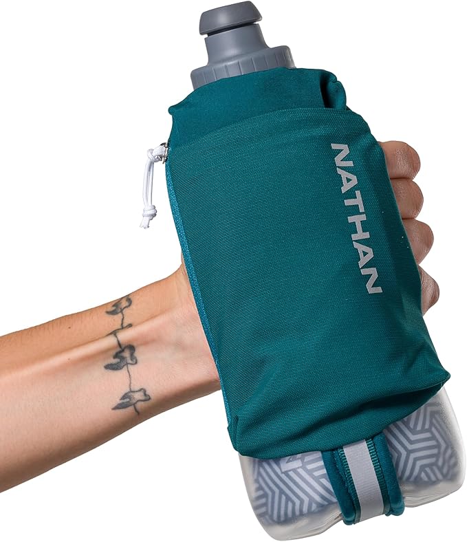 Nathan SpeedDraw 2 Insulated Handheld Running Water Bottle Flask – Double-Wall Insulation, Ergonomic Grip, Blast Valve Cap, Phone & Key Storage Pockets, Reflective Design - 18oz Insulated - Deep Teal