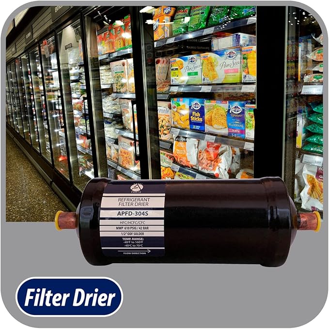 Appli Parts APFD-304S 1/2 in Liquid Line Refrigerant AC Filter Drier hvac Refrigeration 304S ODF Sweat Solder connection universal unidirectional 10-1/2 in long 3-1/4 in wide