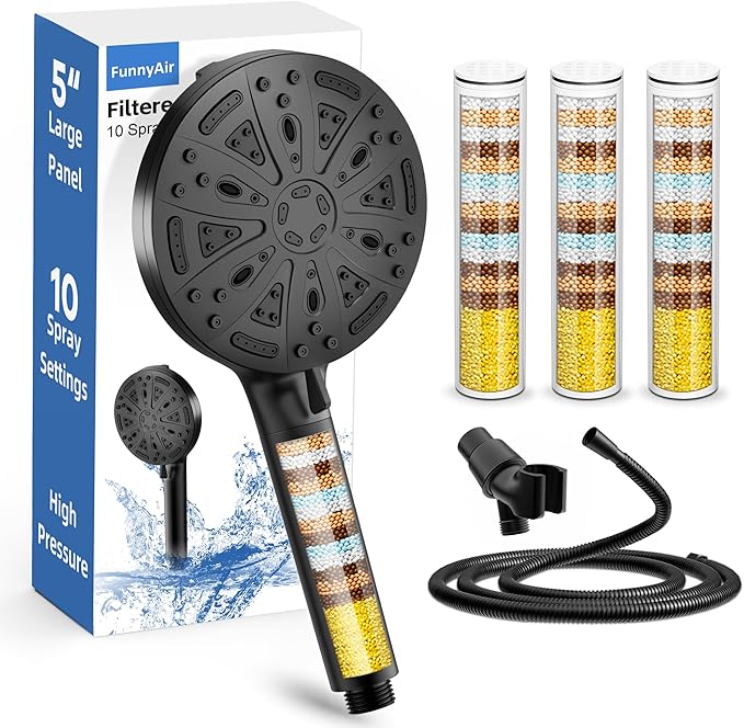 Filtered Shower Head with Handheld, FunnyAir Filtered Shower Head with 3-PCS Filters For Hard Water, 10-Spray Modes 5" High Pressure Black Shower Head, 2 Built-in Power Jets Shower Heads, Black