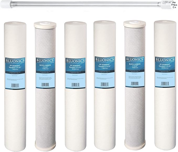 Bluonics 55W UV + Sediment & CTO Carbon Replacement Filter Set for our Well Water System 2.5"x20"