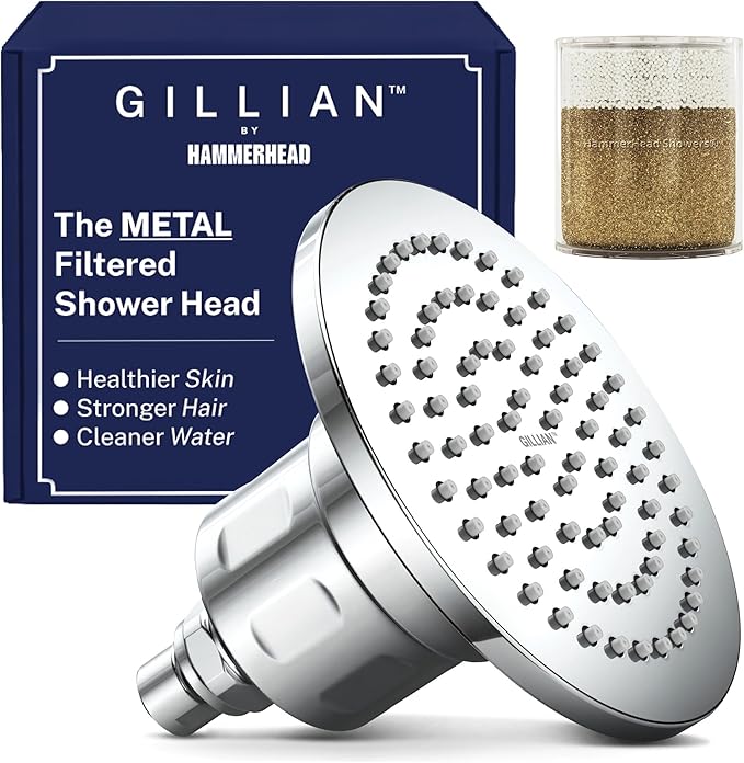 Gillian™ by HammerHead High Pressure Shower Head with Filter – Genuine KDF-55 Metal Hard Water Filtering Shower Head, Healthier Skin & Hair – 6-Inch Rainfall Shower Head with Filters, Chrome